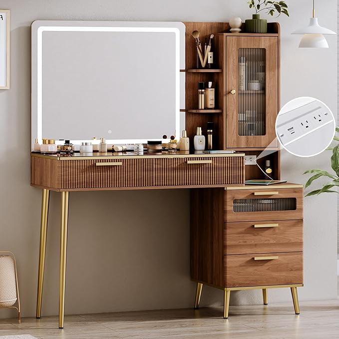 47.24" Big Modern Vanity Desk with Mirror and Lights,Makeup Vanity Desk with 5 Drawers and Storage Shelves & Power Outlet,Dressing Table with Glass Top, Brown