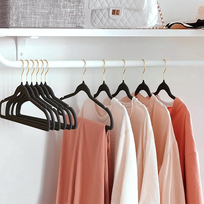 ManGotree Velvet Coat Hangers with 360° Swivel Gold Hook, Non-Slip Felt Suit Hangers, Slim Space Saving Clothes Hanger for Jacket, Sweater, Shirt, Dress, Pants (48 Pack, Black)
