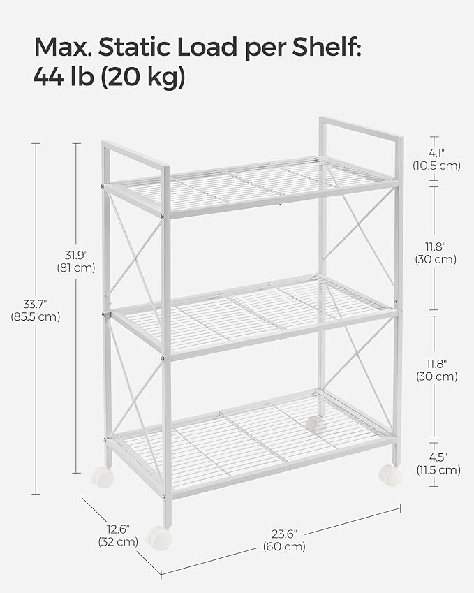 SONGMICS 3-Tier Metal Storage Rack with Wheels, Mesh Shelving Unit with X Side Frames, 23.6-Inch Width, for Entryway, Kitchen, Living Room, Bathroom, Industrial Style, White UBSC163W01