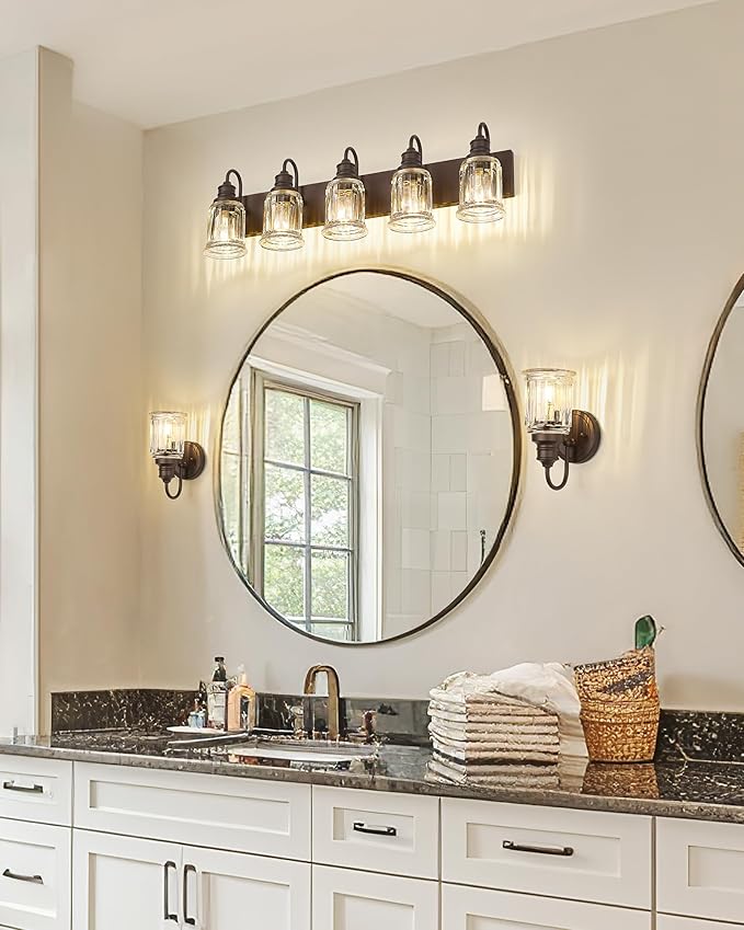 5 Light Bathroom Vanity Light - HWH Farmhouse Vanity Lights for Bathroom Wall Light Fixtures Over Mirror Oil-Rubbed Bronze, Bell-Shaped Fluted Clear Glass, 5HZG106B-5W ORB