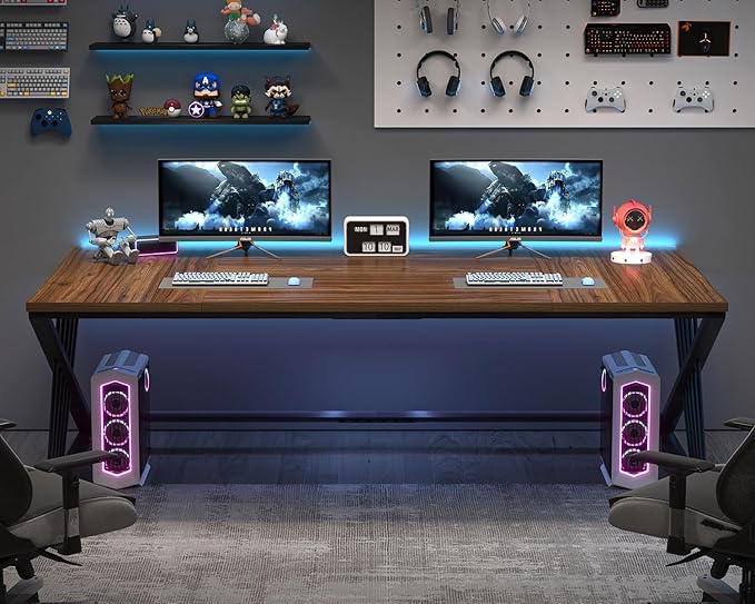 FOLUBAN 70.9" Computer Desk with Z-Shaped Legs, Large PC Desk for Home Office, Industrial Writing Desk, 2 Person Executive Workstation Study Table for Bedroom, Rustic Walnut