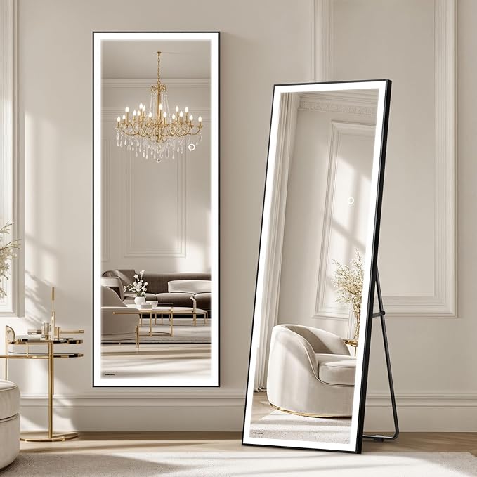 Kosmonia 56×18 LED Full Length Mirror with Lights - Wall Mounted Vertical Vanity Mirror for Bedroom & Bathroom, Full Body Backlit, Adjustable Brightness, Tempered Glass