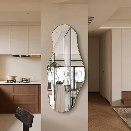 Irregular Mirror, 47"x20.5" Asymmetrical Wall Mirror with Gold Metal Frame, Large Abstract Mirrors Decorative, Modern Unique Shaped Mirrors for Living Room Bathroom Bedroom Hallway Entryway
