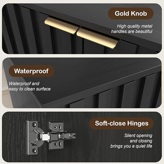 Fluted Cabinet with Storage, Buffet Cabinet Sideborad with Door, Kitchen Buffet Storage Accent Cabinets with Adjustable Shelves for Living Room, Entry, Hallway, Black