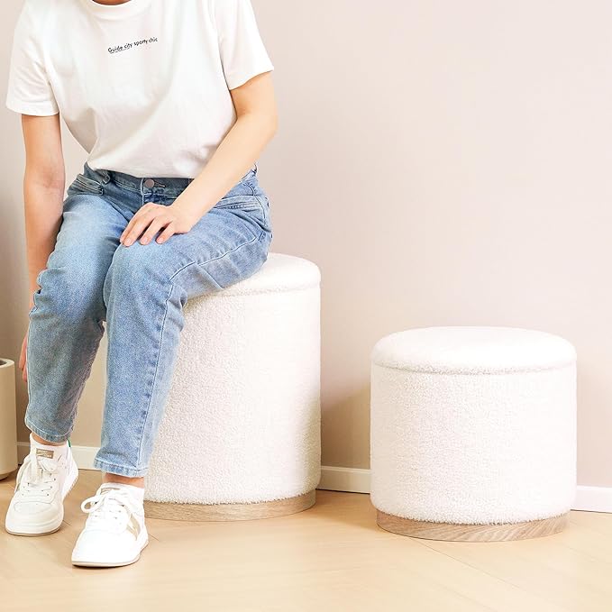 PINPLUS Round Ottoman with Storage Set of 2, Vanity Stool with Tray Storage for Bedroom, Small Teddy Velvet Foot Rest Stool Ottoman for Living Room, Dorm (White)