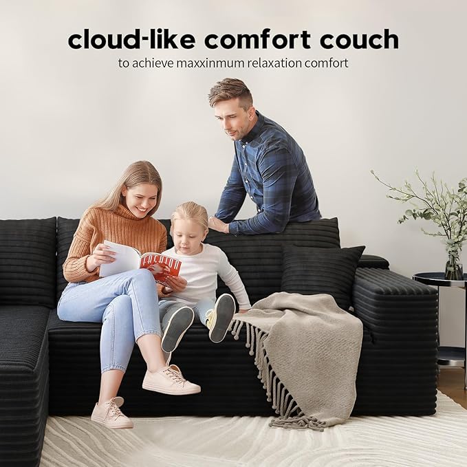 107.5" Cloud Modular Sectional Sofa with 1 Ottoman,Modern Minimalist Upholstered Couches, Comfort U Shaped Sofa for Living Room,Deep Seat Corner Couch，No Assembly Required (Black,Left Facing Chaise)