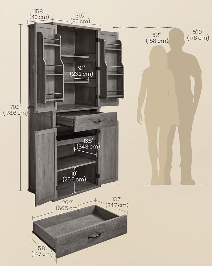 VASAGLE LIRY Collection - Pantry Cabinet, 70.3-Inch Tall Farmhouse Kitchen Storage Cabinet with Barn Doors, Drawer, Tray, Adjustable Shelves, for Kitchen, Dining Room, Misty Gray UBBK364G01