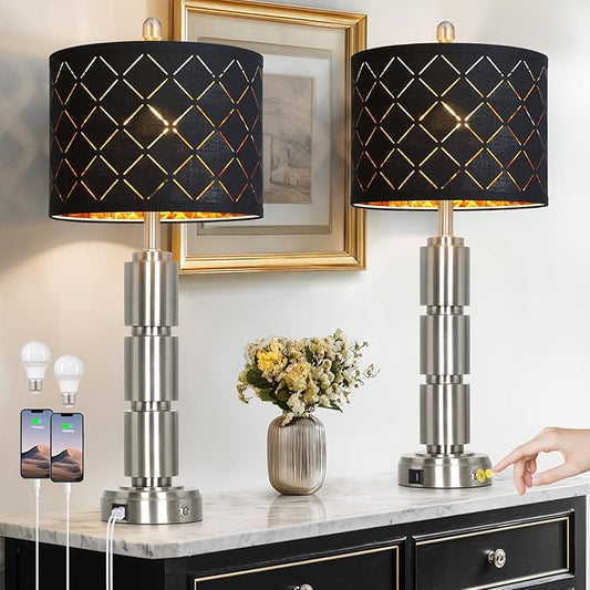 Set of 2 Modern Table Lamps for Living Room Bedroom,29" Tall Bedside Lamp with 2 USB Port,Silver Metal Touch Nightstand Lamp for Desk End Side Table Entryway,Silver