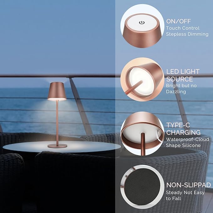 Maksone 2 Pack LED Cordless Table Lamp, 6600mWh Rechargeable Battery Desk Lamp, 3000K Stepless Dimming Night Light, IP54 Waterproof Metal Outdoor Portable Lamp for Camping, Restaurant(Brown)