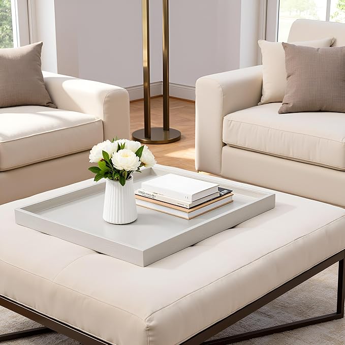 25 * 25 inches Luxury Leather Square Oversized Service Tray, Ottoman & Coffee Tray for Family Dinner, Out-of-House Picnic & Party (25 inch Beige)