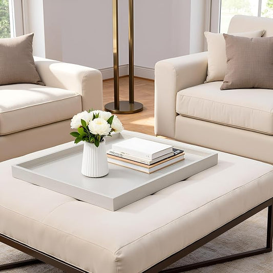 25 * 25 inches Luxury Leather Square Oversized Service Tray, Ottoman & Coffee Tray for Family Dinner, Out-of-House Picnic & Party (25 inch Beige)