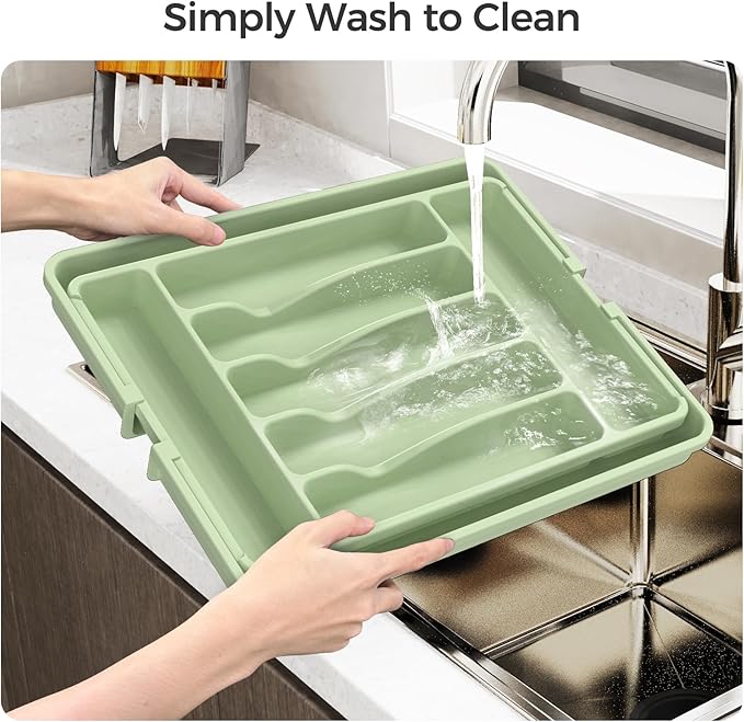 Extra Large Expandable Silverware Organizer, BPA-Free Food-Safe Cutlery Flatware Organizer, Kitchen Utensil Drawer Organizer, Adjustable Silverware Holder for Spoons Forks Knives, Green