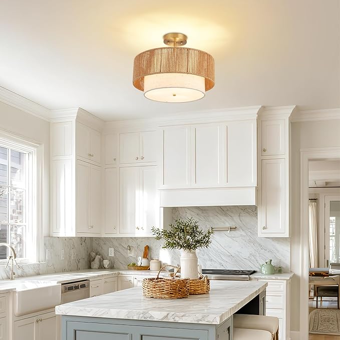 16" Drum Flush Mount Ceiling Light Hallway Light Fixtures with Rattan Shade,3-Light Semi Flush Light Fixture Ceiling Mount for Kitchen, Bedroom, Bathroom, Living Room