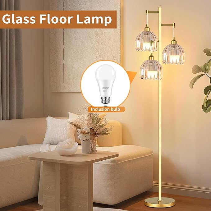 Modern Floor Lamp for Living Room Bedroom-3 Light Gold Floor Lamp with Glass Lampshape, Flower Tall Lamp Glass Standing Lamp Tree Floor Lamps for Living Room Bedroom,Corner