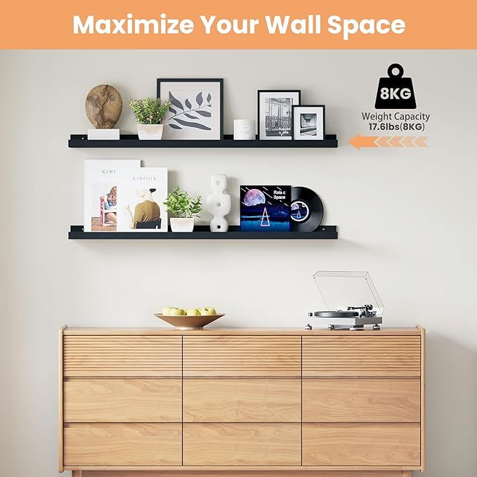 upsimples Floating Shelves for Wall, 47.3 Inch Shelves for Decor Storage Set of 6, Wall Mounted Wood Shelf for Bedroom, Living Room, Bathroom, Kitchen, Long Picture Ledge Shelves, Black