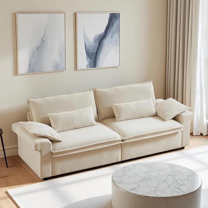 94 Inch Sofa, Oversized Couch with Wide Arms, Modern 3-Seater Sofa w/Throw Pillows, Chenille Fabric, Deep Seat Cushion, Easy Assembly, Comfy Couch for Living Room, Apartment, Office, Beige