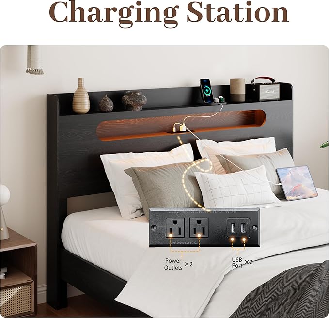 Wooden King Size Bed Frame with Storage Headboard, Farmhouse Platform Bedframe with Charging Station & Led Lights, Sturdy Wood Slat Framework, Easy Assembly (Rustic Black, King)