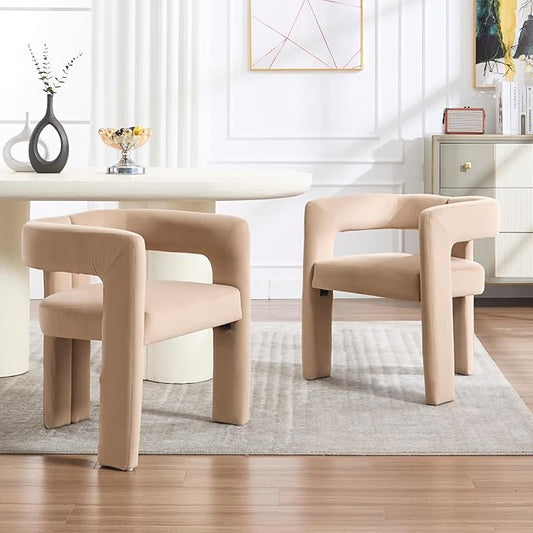 Modern Dining Chairs Set of 2, Upholstered Side Chairs Velvet Fabric Guest Chairs with Barrel Backrest Armchair for Dining Room Living Room, Khaki