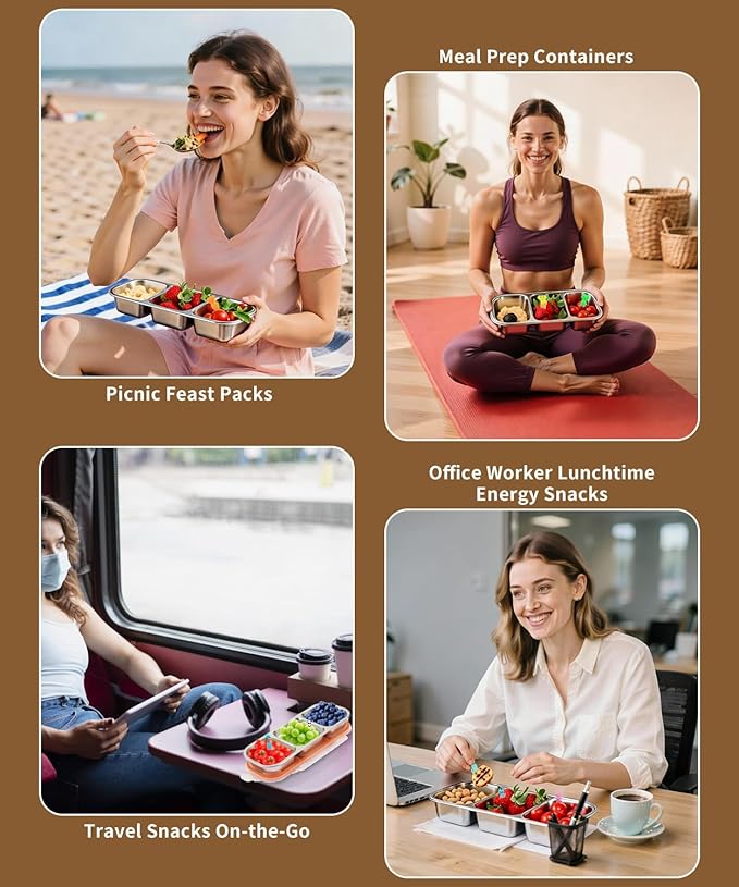 4 Pack Bento Box,Stainless Steel Snack Containers With Lids,Leak Proof Metal Lunch Box with 3 Compartments,Reusable Lunch Meal Prep Containers for office,Work,Travel For Adults Little One