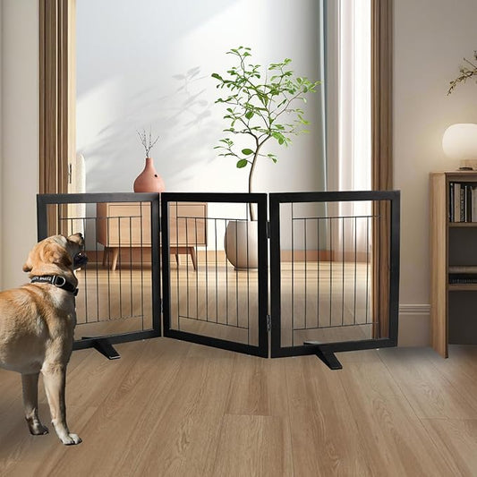ZJSF Freestanding Dog Gate Indoor, Foldable Dog Fence for Doorways,Hallways or Stairs, Sturdy Wood Extra Wide Pet Gate with Support Feet,Black,24 "Height-3 Panels