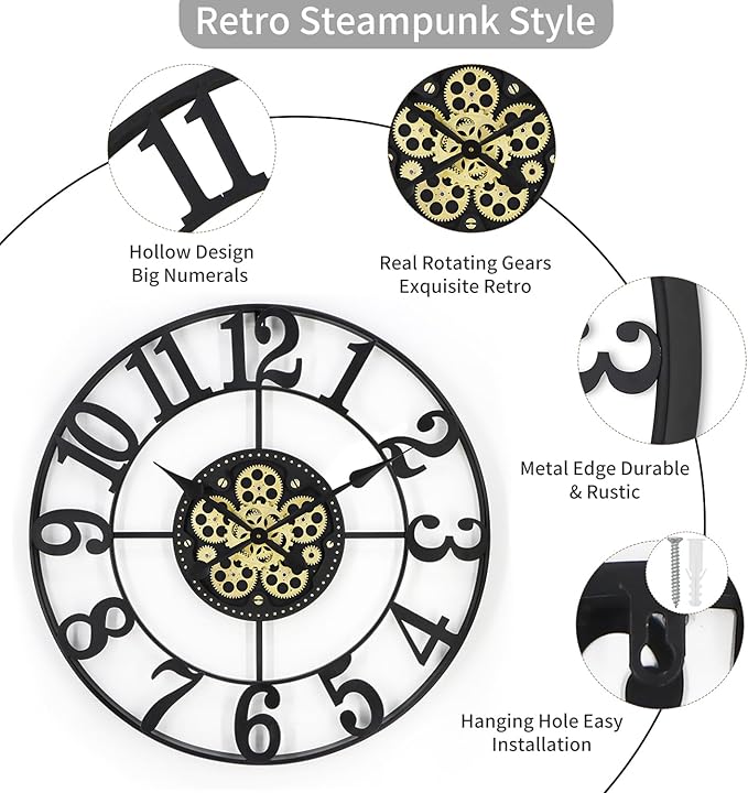 29 Inch Large Wall Clocks for Living Room Decor with Moving Gears,Large Wall Clock Industrial Steampunk,Oversized Metal Analog Wall Clocks for Farmhouse Home Battery Operated