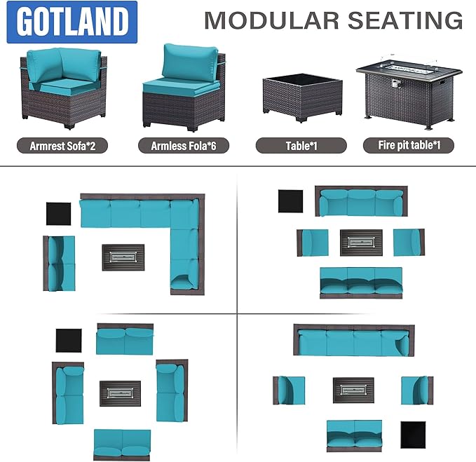 Gotland 10 Pieces Patio Furniture Set with Fire Pit Table, All Weather Rattan Outdoor Furniture with 29.5'' High Backrest 4’’ Thick Cushions Coffee Table, Outdoor Sofa for Deck, Garden, Backyard, Blue