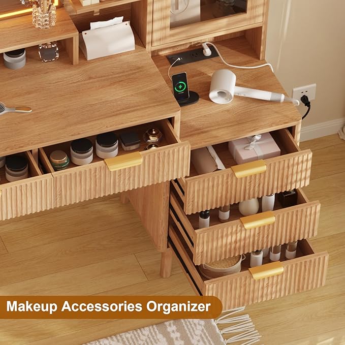 Fluted Vanity Desk with LED Lights Mirror & Power Outlet,Modern Glass Top Elegant Vanity Desk with 5 Drawers and Storage Shelf,Dressing Table for Bedroom Girls Women