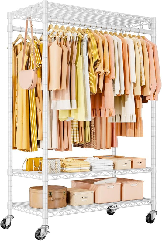 P7 Rolling Clothes Rack, Clothing Racks for Hanging Clothes, Heavy Duty Garment Rack with Wheels, 3 Tiers Freestanding Portable Closet Rack 45''W × 20.5''D × 80.5''H, Max Load 480 lbs, White