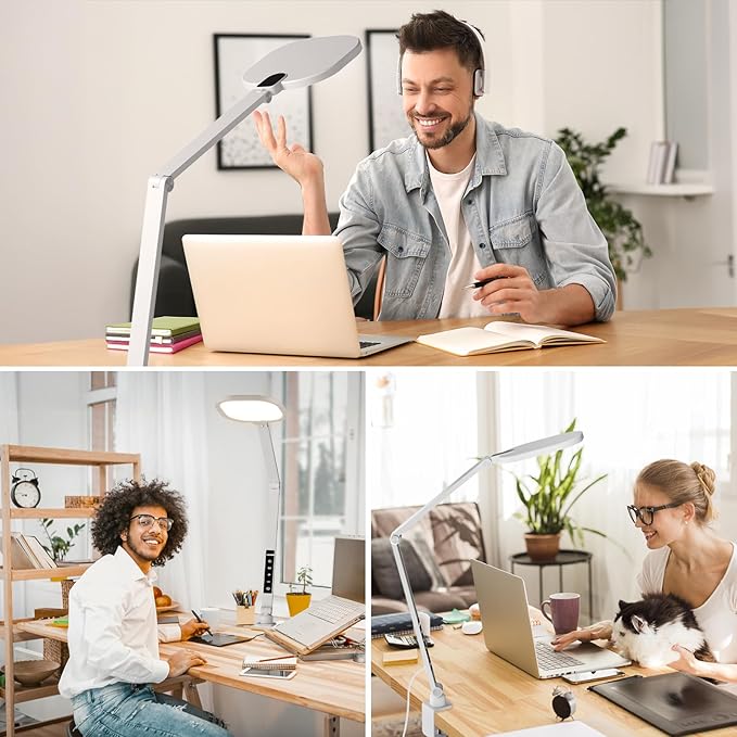 LED Desk Lamp for Home Office, 15W Desk Light with C- Clamp, Swing Arm, Memory & Timer Function, 1200LM Dimmable Computer Light for Video Calls, Conference, Study (White-Clamp)