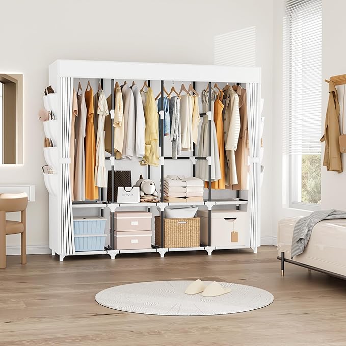 Portable Closet for Hanging Clothes, 67 Inch Wide Portable Wardrobe Closet with Cover, 4 Hanging Rod, Storage Shelves and Side Pockets, Large Free Standing Closet for Bedroom, White