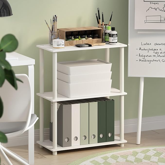 Furinno Turn-N-Tube Storage Shelves, 3-Tier Book Shelf, Corner Shelf, Toolless Open Shelves, for Organization and Storage, Living Room, Garage, Home Office, White