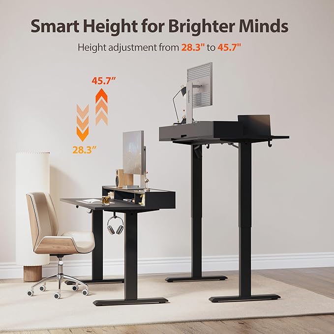 Agilestic Glass Standing Desk with Storage, 48 Inch Electric Adjustable Desk with Glass Shelf, Sit Stand Up Home Office Computer Table, Splice Board, Black