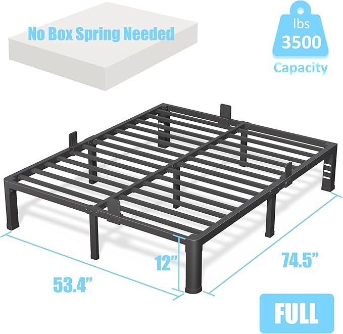 FUIOBYVV 12 Inch Full Bed Frame with Rounded Corner and Headboard Hole Mattress Retainers 3500 LBS Metal Heavy Duty Steel Slats Support No Box Spring Needed Platform Noise Free Easy Assembly