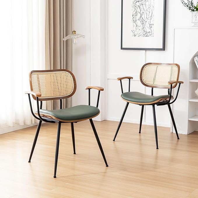 Rattan Dining Room Chairs Set of 2,Mid Century Modern Kitchen Side Chairs,Metal Legs Desk Chair,Faux Leather Accent Chair with Arms and Rattan Backrest Green PU