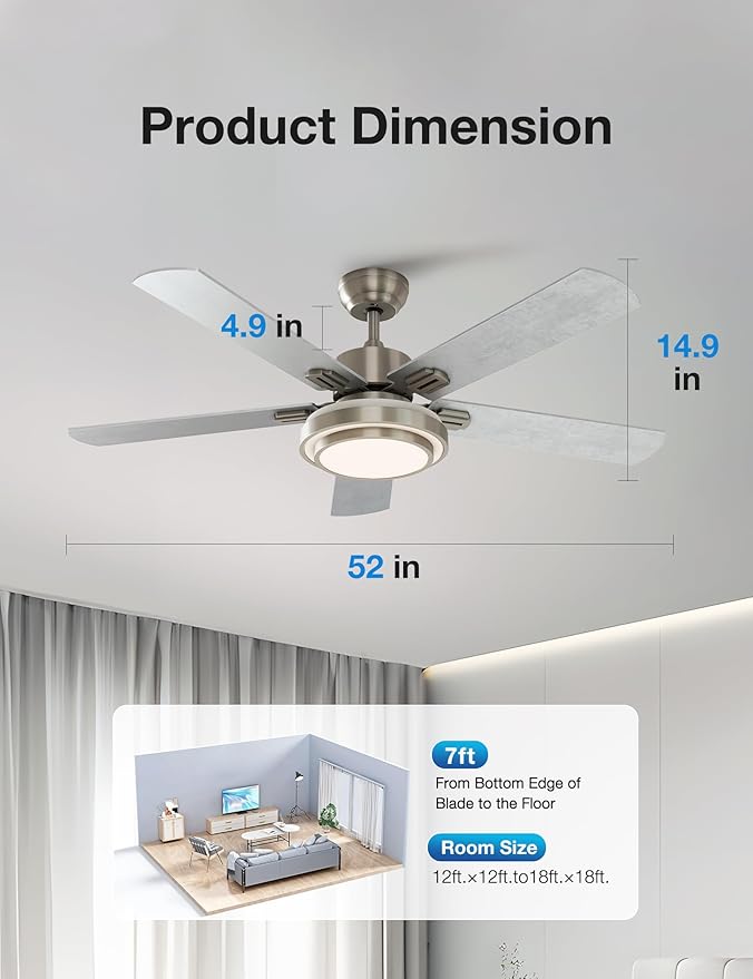 warmiplanet Ceiling Fans with Lights and Remote Control, 52 Inch, 6 Speeds Reversible DC Motor, 3 Color Dimmable Light, Timer, Noiseless, Brushed Nickel, 5 Blades, 2 Pack