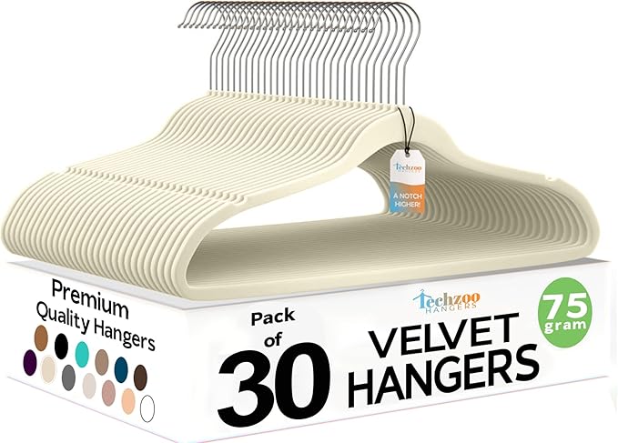 Premium Velvet Hangers 30 Pack Ultra Thin Non Slip Adult Felt Space Saving Suit Hanger for Closet Heavy Duty Coat Pants Jackets Dress Hangers 360° Swivel Hook Hold Upto 10 lbs Ivory