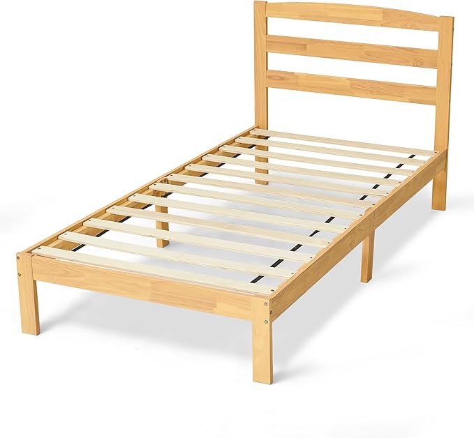 Hokway Wood Twin Bed Frames with Headboard-No Wobble,Noise-Free,Easy Assembly with Precise Holes,12 in Reinforced Center Legs,No Box Spring Needed,Natural