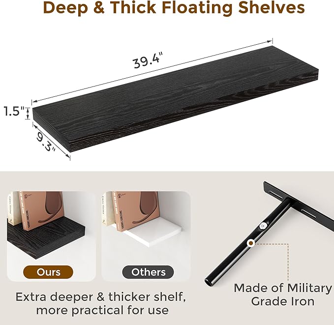 40 Inch Floating Shelves for Wall, 9.3 Inch Deep Shelves for Books & Decor, Wall-Mounted Floating Shelf 40 Inch Long Set of 2, Rustic Wooden Shelf for Living Room, Bedroom, Kitchen, Black