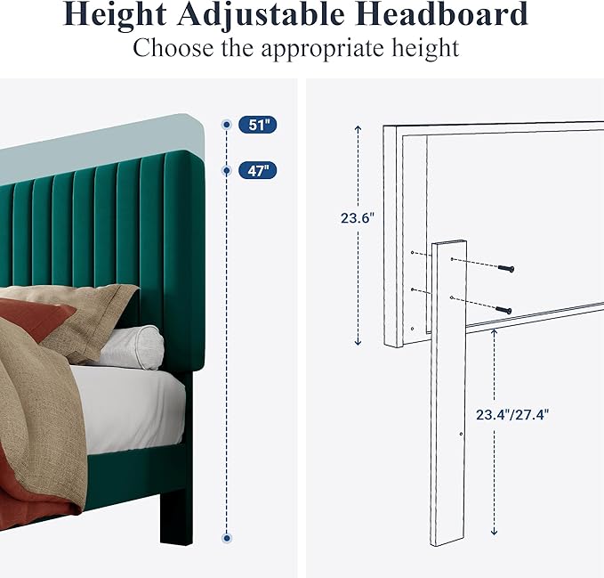 Allewie Full Bed Frame, Velvet Upholstered Platform Bed with Adjustable Vertical Channel Tufted Headboard, Mattress Foundation with Strong Wooden Slats, Box Spring Optional, Easy Assembly, Teal