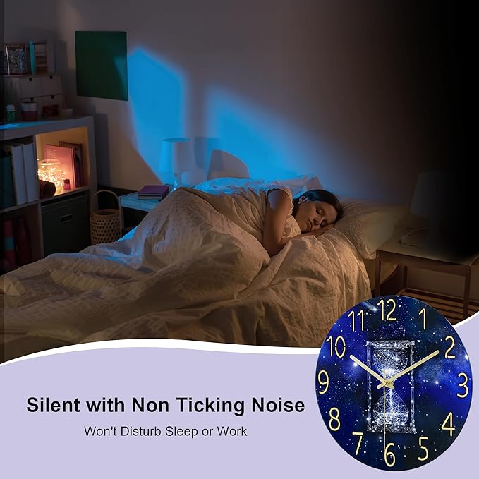 Lafocuse 12 Inch Blue Wall Clock Silent Non Ticking, Galaxy Glass Clocks Battery Operated for Living Room Bedroom Kitchen Decor, Hourglass Pattern