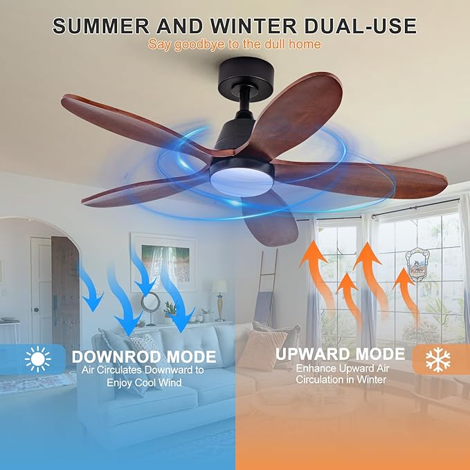 42 Inch Wood Ceiling Fans with Lights and Remote, Modern Ceiling Fan with Light, 5 Blades, Dimmable, Wall Switch, Memory Function, Indoor Outdoor Black Ceiling Fan for Patio Bedroom