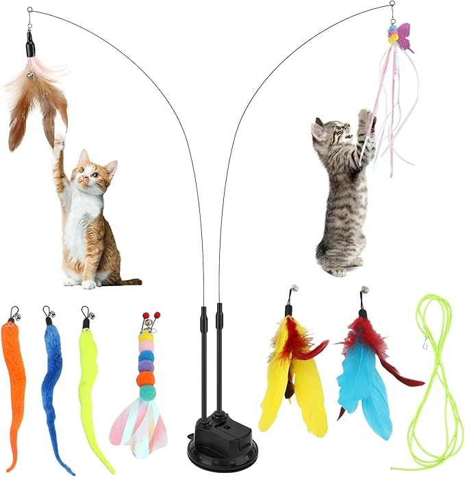 Cat Teaser Wand, Cat Toys Feather with Super Suction Cup, Double Headed Detachable Interactive Cat Toy, 12 PCS Elastic Cat Toys with Feathers, Cat Wand Toys for Indoor Cats