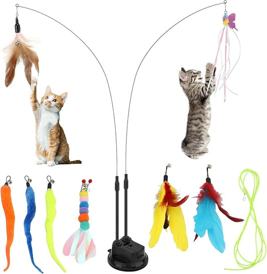 Cat Teaser Wand, Cat Toys Feather with Super Suction Cup, Double Headed Detachable Interactive Cat Toy, 12 PCS Elastic Cat Toys with Feathers, Cat Wand Toys for Indoor Cats