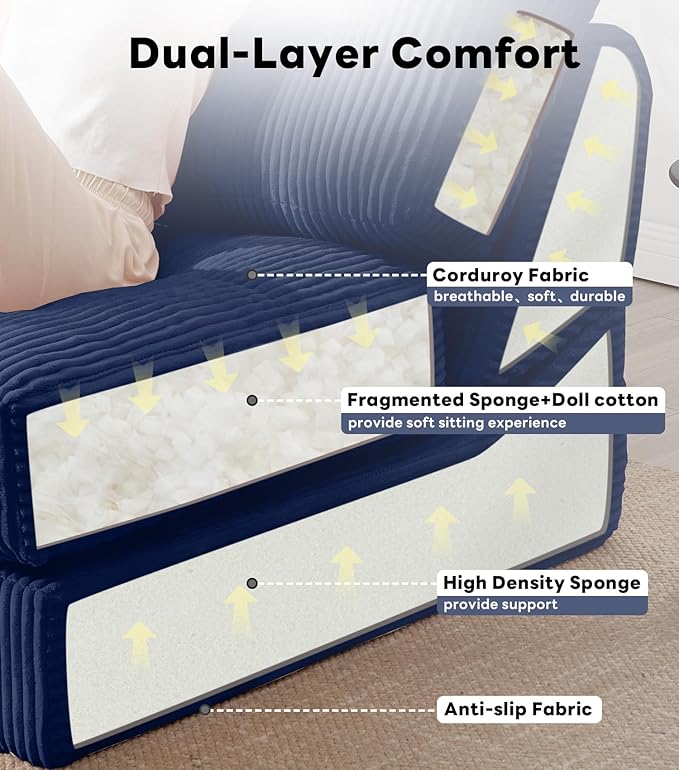 Tbfit Folding Sofa Bed, Convertible Sleeper Chair with Large Pillow, Corduroy Folding Couch Bed, Portable & Foldable Mattress Boneless Floor Sofa for Living Room, Bedroom, Office, Blue, Single
