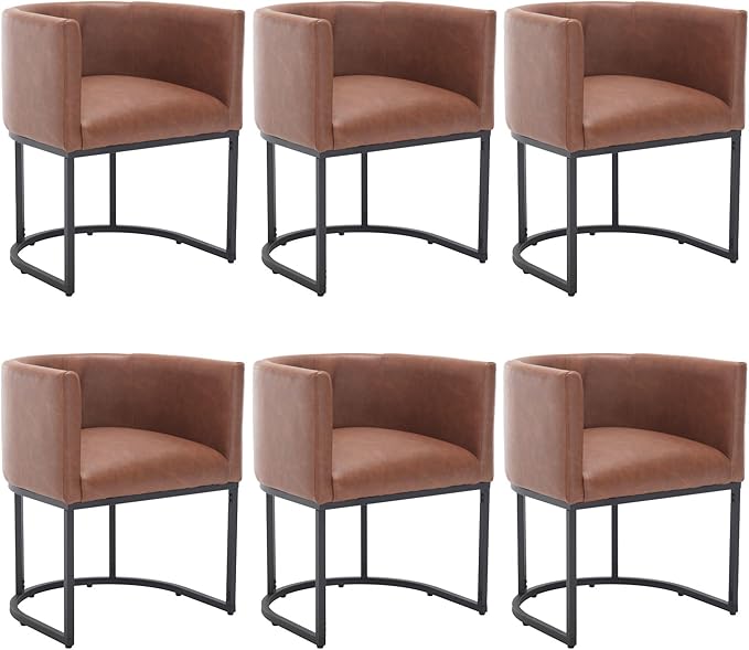 Faux Leather Dining Chairs Set of 6 Modern Barrel Arm Chairs with Black Metal Frame, Upholstered Kitchen Chairs 18.5" Wide Accent Chairs for Living Room Dining Room Restaurant, Brown