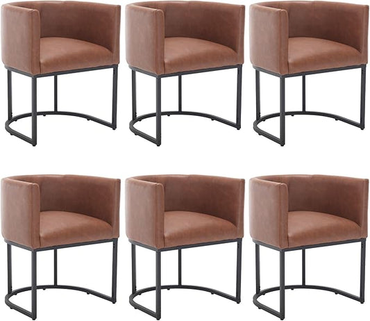 Faux Leather Dining Chairs Set of 6 Modern Barrel Arm Chairs with Black Metal Frame, Upholstered Kitchen Chairs 18.5" Wide Accent Chairs for Living Room Dining Room Restaurant, Brown
