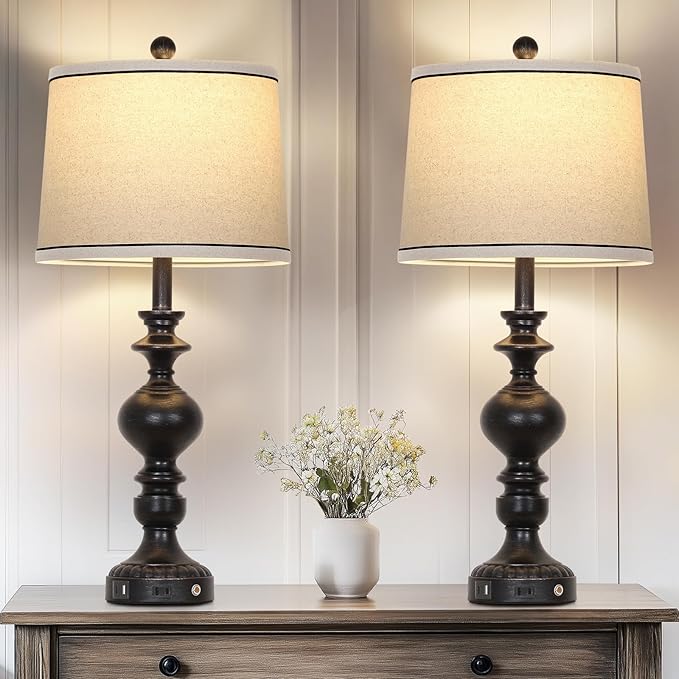 28" Black Farmhouse Table Lamps Set of 2, Rustic Lamp for Living Room with USB C+A Ports & AC Outlet, 3 Way Touch Control Resin Bedside Lamps, Retro Bedroom Lamp for Nightstand Side End Table Desk