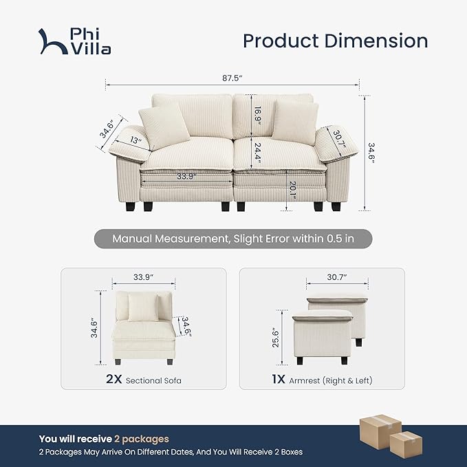 PHI VILLA Cloud Modular Couches Sets, 87.5" Sectional Loveseat Sofa with Upholstered Deep Seat, 2-Seater Comfy Couches for Living Room Bedroom, Corduroy Fabric, Beige