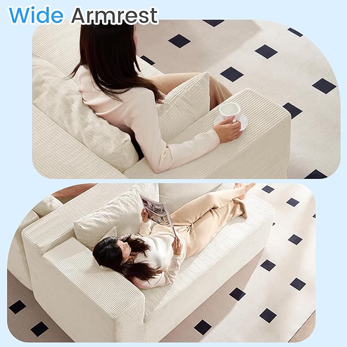 PUREMIND 106" White Cloud Sectional Couch Sectional Couches for Living Room, Corduroy L Shape Sofa with Deep Seat, Modular Boneless Foam Couch Corner Couches No Assembly Required