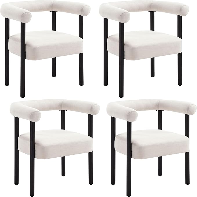 Mid-Century Modern Dining Chairs Set of 4, Armrest Barrel Dining Chairs Side Accent Chairs with Curved Back, Upholstered Wood Armchairs for Kitchen, Linen Beige